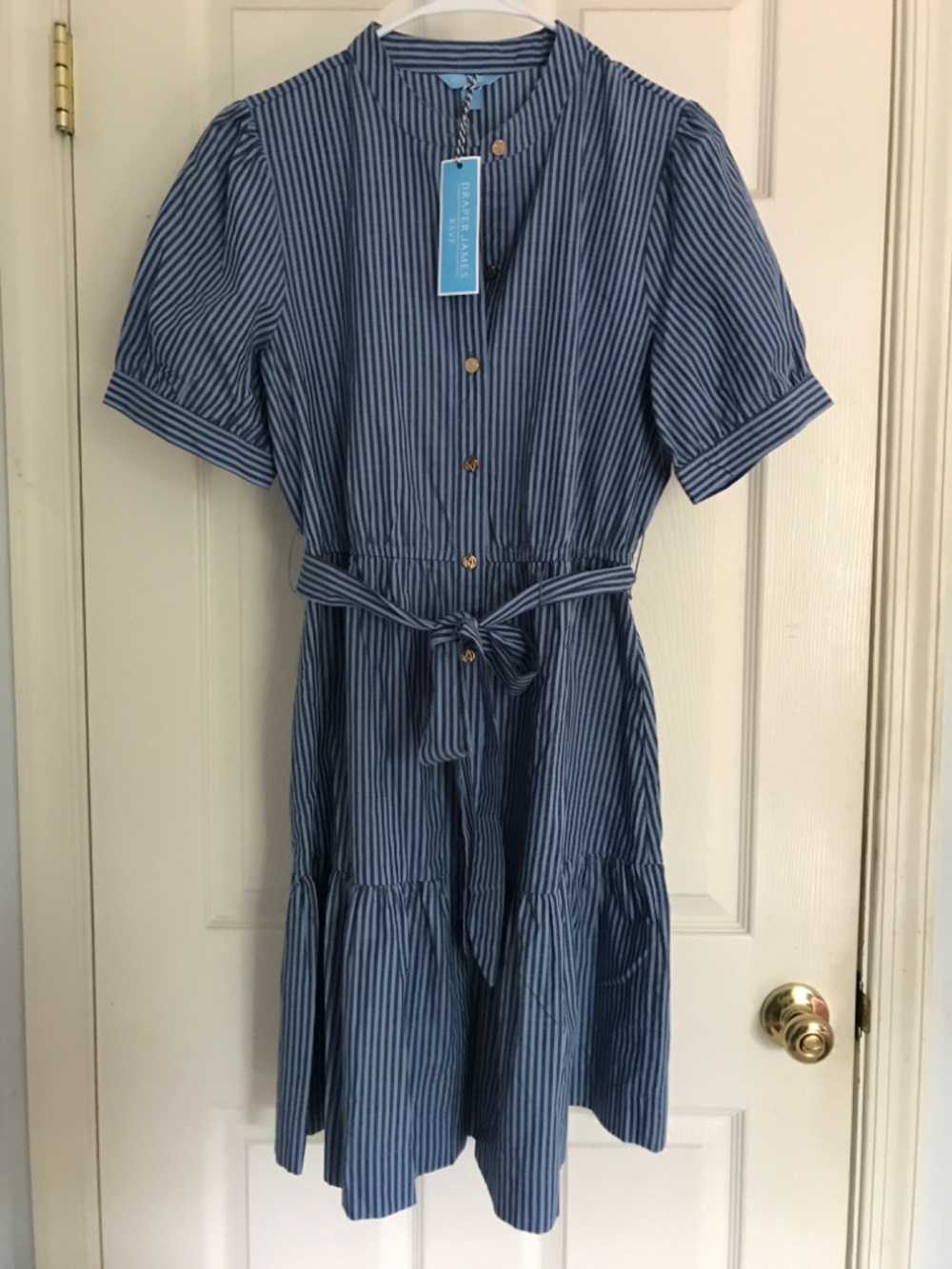 Draper James Blue and White Striped Midi Shirt Dress with Tie Waist - Picture 6 of 11